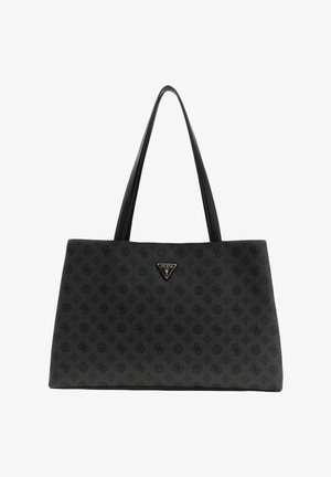 Sac cabas noir avec un motif texturé, doubles anses d'épaule et une plaque logo à l'avant. Forme rectangulaire robuste et finition en tissu doux.