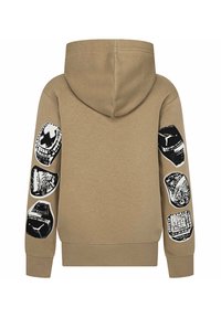 Felpa con cappuccio in cotone beige con stampe grafiche nere di anelli sulle maniche. Presenta una tasca a marsupio e polsini a costine.