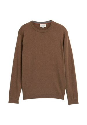 Suéter marrón de manga larga hecho de una tela suave, con un escote redondo y puños acanalados. Diseño simple y clásico sin patrones ni acentos.