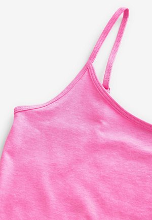 Top in cotone rosa con spalline regolabili e una texture liscia, caratterizzato da un collo rotondo e una vestibilità casual.