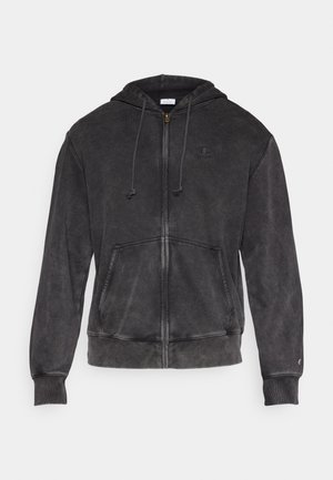 Black zip-up hoodie with drawstrings, front pouch pocket, ribbed cuffs, and small Champion logo on chest and sleeve.