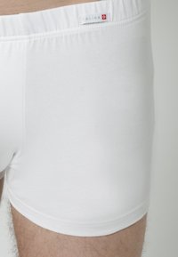 Witte katoenen boxershorts met een zachte elastische tailleband. Bevat een klein label op de tailleband. Glad textuur en eenvoudig ontwerp.