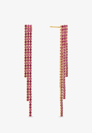 Longues boucles d'oreilles goutte en or avec trois rangées décalées de petits pierres précieuses roses dans des sertissages carrés.
