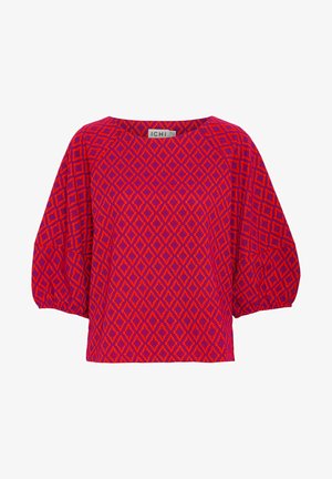 Rode en paarse blouse met een patroon van diamantvormen, brede mouwen en een rechte zoom. Gemaakt van een textuurstof met een losse pasvorm.