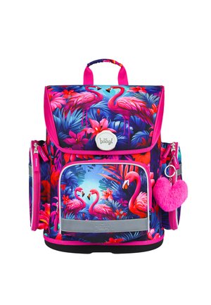 Zaino con un vivace design tropicale che presenta fenicotteri rosa e fogliame colorato. Ha un bordo rosa, più scomparti e un charm a forma di cuore peloso.