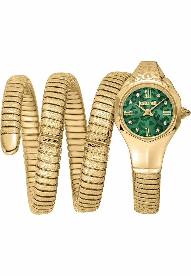 Goldfarbene Uhr mit flexiblem Spiraldesign. Sie verfügt über ein grünes Leopardenmuster-Zifferblatt, Diamantakzente und römische Ziffern.