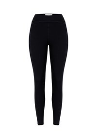 Leggings neri a vita alta, slim fit, con una fascia larga in vita, esposti su uno sfondo bianco.