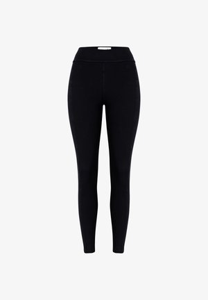 Schwarze hochgeschnittene Slim-Fit Leggings mit einem breiten Bund, auf einem weißen Hintergrund präsentiert.