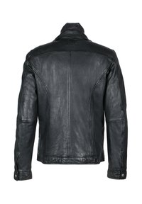 Svart läderjacka med hög krage, synlig sömnad och sidofickor. Baksidan har en slät yta och en elegant, figursydd design.