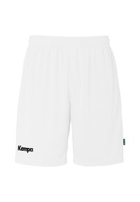 Witte sportshorts van ademend materiaal, met een elastische tailleband en een zwart "Kempa" logo aan de linkerkant.