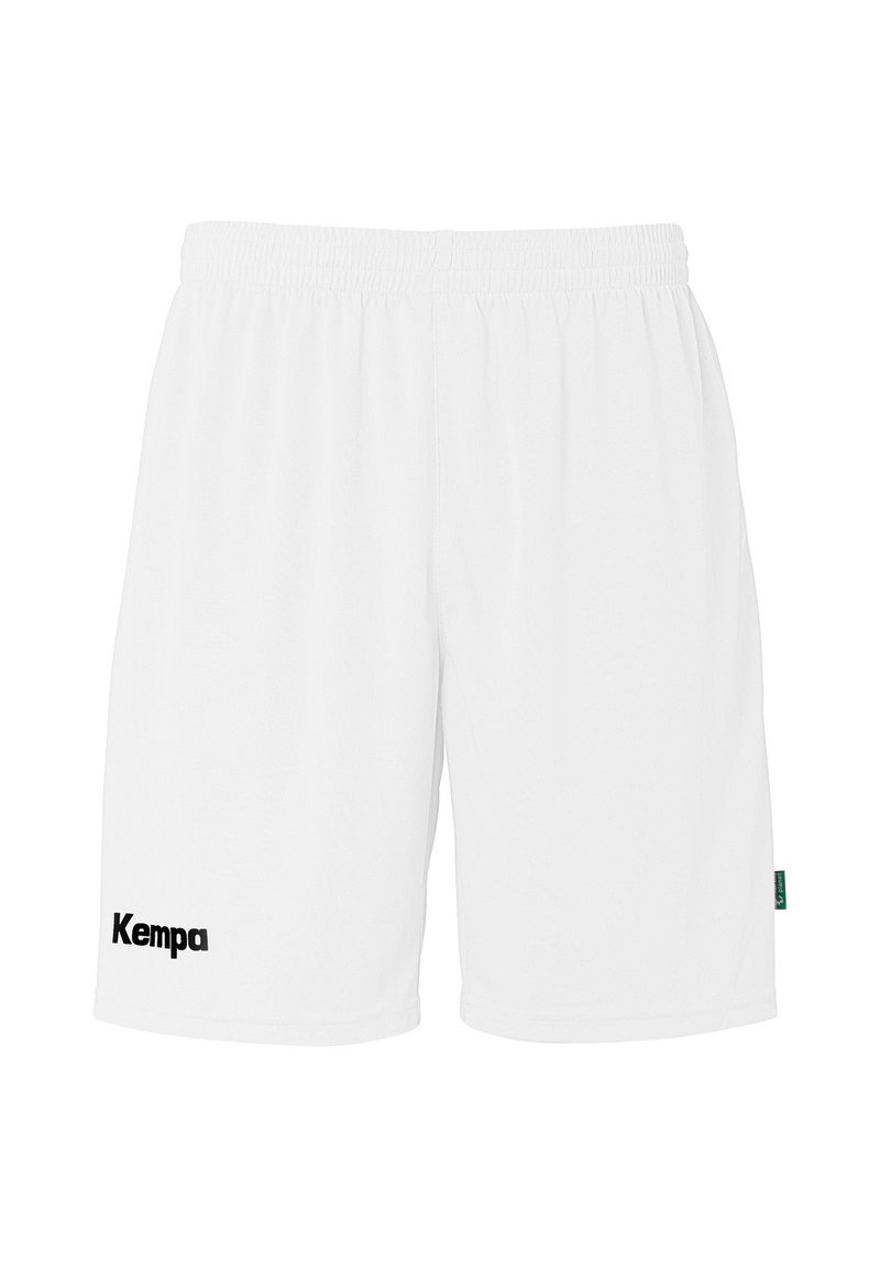 Witte sportshorts van ademend materiaal, met een elastische tailleband en een zwart "Kempa" logo aan de linkerkant.