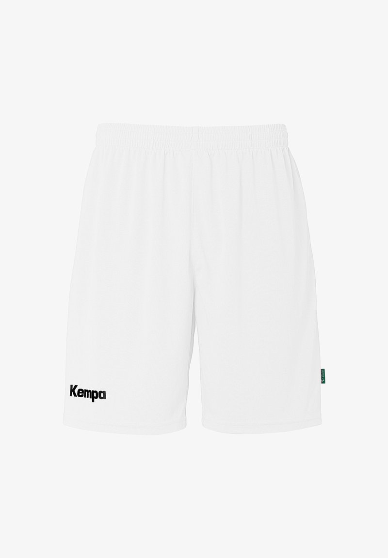 Witte sportshorts van ademend materiaal, met een elastische tailleband en een zwart "Kempa" logo aan de linkerkant.