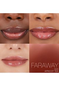 Cztery zbliżenia ust prezentujące różne odcienie błyszczyka do ust. Kolory wahają się od głębokiego brązu po delikatny nude z błyszczącym wykończeniem.