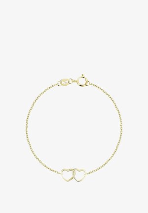 Bracelet délicat en chaîne d'or avec deux pendentifs en forme de cœur ouvert interconnectés et une fermeture à ressort ronde.
