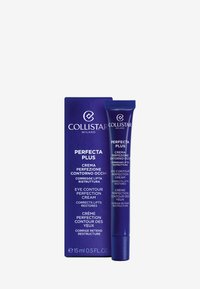 Collistar Perfecta Plus Øjenkonturcreme i en blå tube med flip-top låg, ledsaget af en matchende blå æske med hvid tekst.