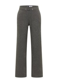 Szare, szerokie spodnie dresowe wykonane z miękkiego materiału, z regulowanym paskiem ze sznurkiem i bez ozdób czy wzorów.