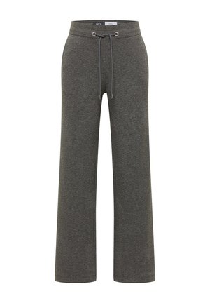 Graue, weit geschnittene Jogginghosen aus weichem Stoff, mit verstellbarem Kordelzugbund und ohne Verzierungen oder Muster.