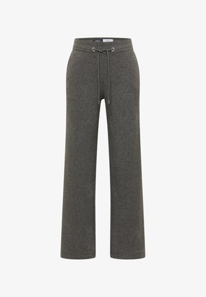 Pantalon de survêtement gris à jambes larges, en tissu doux, avec une taille réglable à cordon et sans ornements ni motifs.