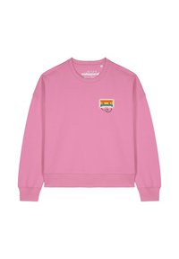 Rosa Sweatshirt aus weichem Stoff, mit einem kleinen, mehrfarbigen Kassettenband-Graphic auf der linken Brustseite, Rundhalsausschnitt und gerippten Bündchen.