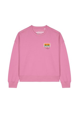 Rosa Sweatshirt aus weichem Stoff, mit einem kleinen, mehrfarbigen Kassettenband-Graphic auf der linken Brustseite, Rundhalsausschnitt und gerippten Bündchen.
