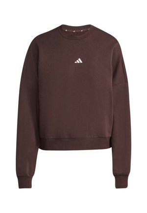 Felpa marrone a maniche lunghe con scollo rotondo, piccolo logo Adidas bianco al centro del petto, polsini e orlo a coste.