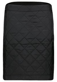 Svart quiltad kjol med ett diamantmönster, tillverkad av ett mjukt, lätt material. Designen har en rak siluett och en midjeresår.