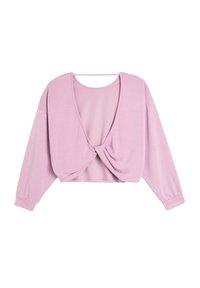 Haut court rose pâle à manches longues avec un col en V et un détail de nœud à l'avant. Tissu doux et léger avec une coupe décontractée et des poignets côtelés.