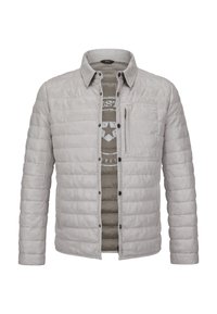 Hellgraue gesteppte Jacke mit durchgehender Knopfleiste, aufgesetzter Tasche und kontrastierendem Innenfutter mit rundem Grafikdesign.