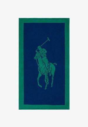 Tapis vert et bleu marine illustrant un joueur de polo à cheval, la crosse levée, encadré par une bordure épaisse verte.