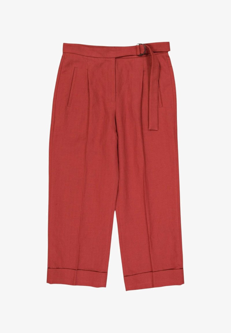 Pantalon large taille haute rouge avec poches latérales et ceinture assortie avec boucle métallique en forme d’anneau.