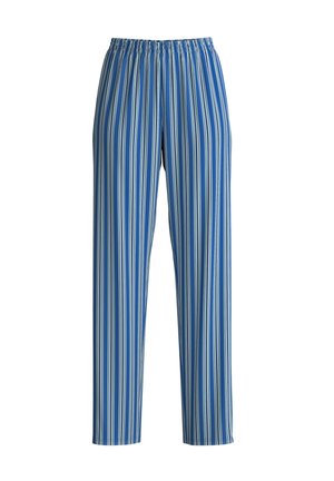 Blauwe verticaal gestreepte broek met een elastische tailleband, gemaakt van een lichte stof en met een ontspannen, recht pijpmodel.