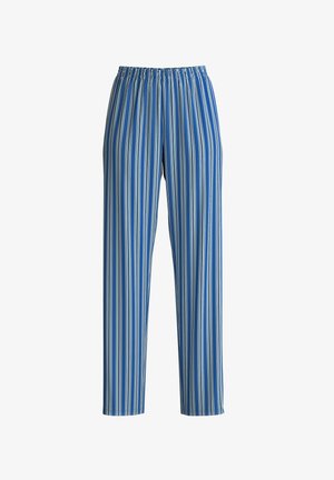 Blue vertical striped pants with an elastic waistband, featuring a lightweight fabric and a relaxed, straight-leg cut.