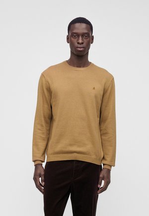 Jeune homme portant un pull col rond marron clair et un pantalon foncé, debout devant un fond uni gris clair.