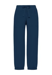 Granatowe casualowe spodnie z sznurkiem w talii, przednimi kieszeniami naszywanymi i prostymi nogawkami podwiniętymi na mankietach.