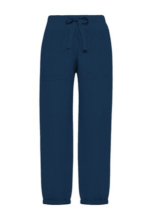 Tmavě modré neformální kalhoty s pasem na stažení, předními našitými kapsami a rovnými nohavicemi s ohrnutými lemy.
