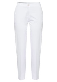 Pantaloni bianchi a gamba dritta realizzati in un tessuto liscio. Presentano una vita con chiusura a bottone e tasche frontali. Design pulito e minimalista.