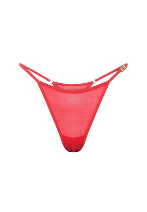 Red thong made of sheer mesh material, featuring thin straps and a minimalist design. Notable for its vibrant color and lightweight texture.