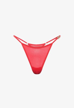 Roter Stringtanga aus durchsichtigem Mesh-Material, mit dünnen Trägern und minimalistischem Design. Auffällig durch seine lebendige Farbe und das leichte Material.