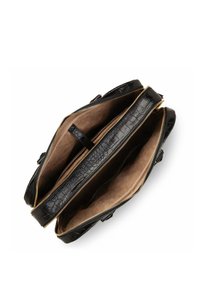 Borsa a mano in pelle nera con finitura testurizzata e zip dorata. Presenta due scomparti spaziosi foderati in tessuto beige.