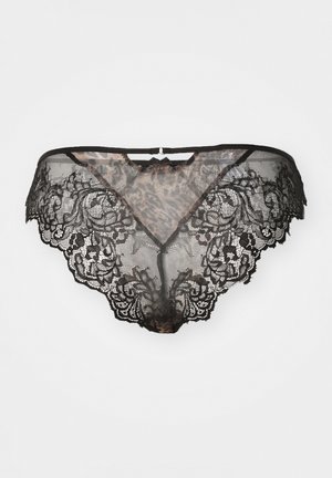 Schwarzer Spitzen-Dessous-Slip mit Blumenmustern und Detail aus Mesh-Stoff mit Leopardenmuster auf weißem Hintergrund.