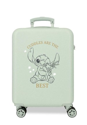 Maleta verde claro con una ilustración de Stitch abrazando una muñeca y el texto "Los abrazos son lo mejor" arriba y abajo.