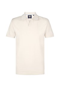 Vit kortärmad polo med en texturerad mönstring, en klassisk krage och en treknappslås. Lättviktig tyg, utformad för komfort.