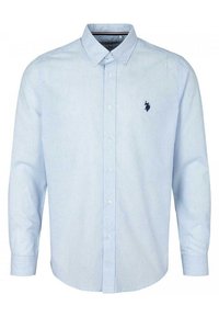 Light blue striped dress shirt with a button-down collar, long sleeves, and a small embroidered logo on the left chest.