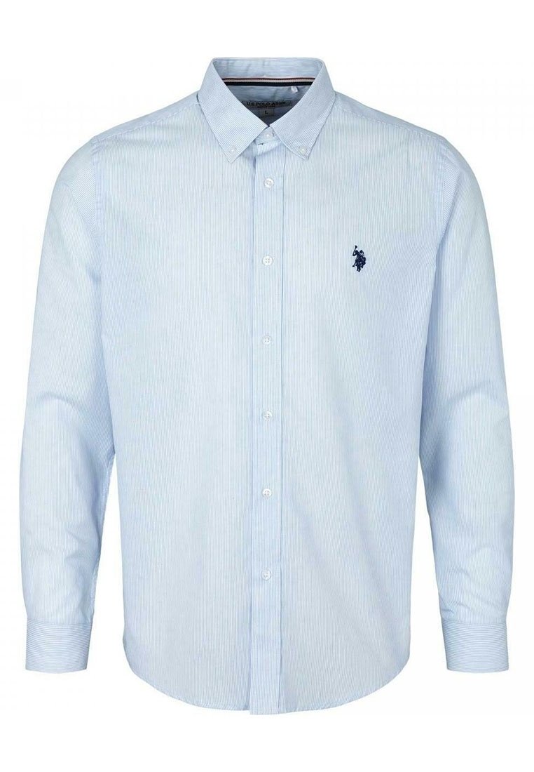 Light blue striped dress shirt with a button-down collar, long sleeves, and a small embroidered logo on the left chest.