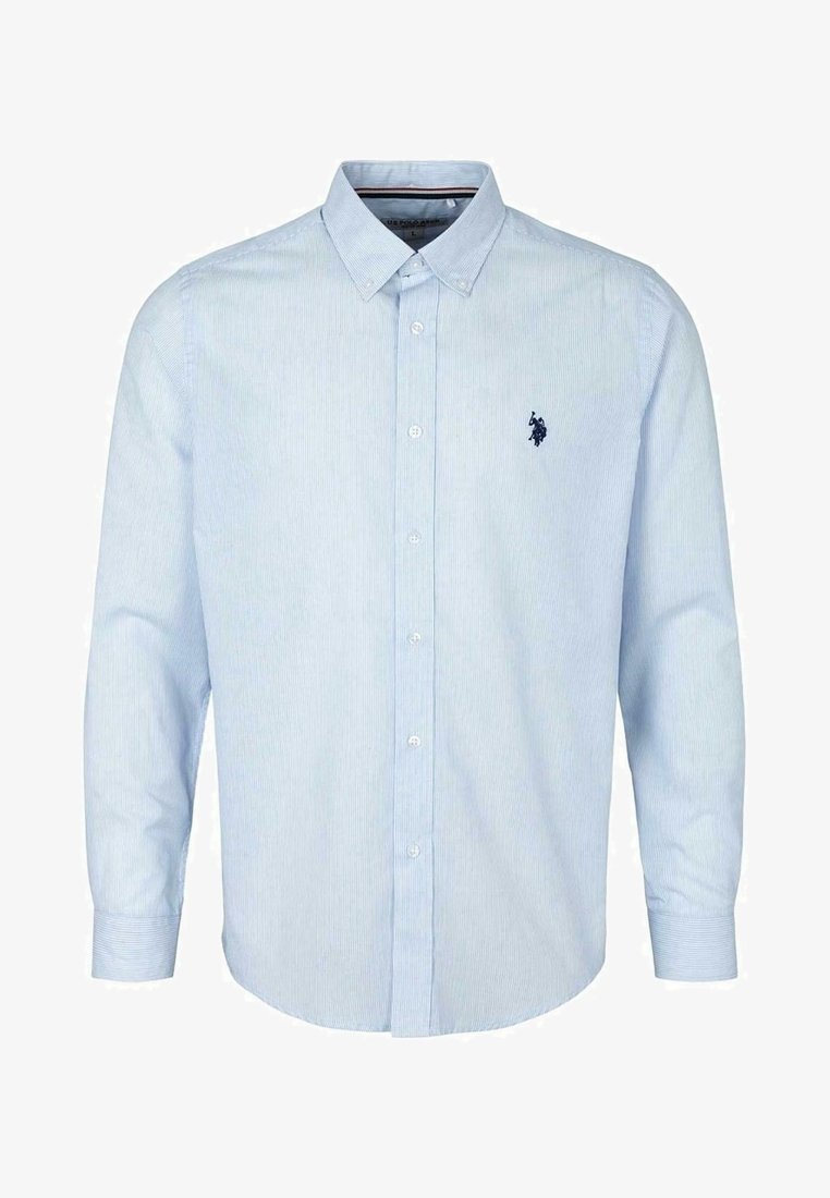 Light blue striped dress shirt with a button-down collar, long sleeves, and a small embroidered logo on the left chest.