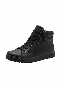 Black high-top shoes with a textured leather finish, featuring laces, a side zipper, and a durable rubber sole.