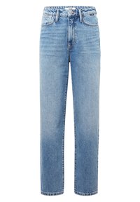 Jean en denim bleu clair, taille haute, coupe droite, avec poches avant, passants pour ceinture, et fermeture par bouton.