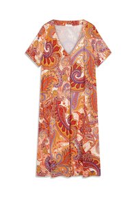 Robe colorée à motifs cachemire avec un col en V, des manches courtes et un tissu léger dans des tons rouges, orange et violet.