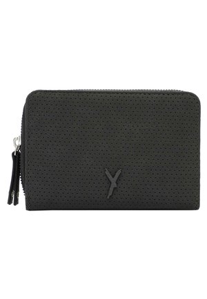 Black perforated leather wallet with zipper closure, featuring a small leather pull tab and embossed logo on the front.