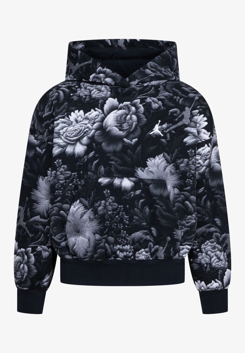 Zwart-grijze hoodie met bloemmotief, voorzien van een trekkoordcapuchon, geribbelde boorden en zoom, en een voorkant kangaroezak.
